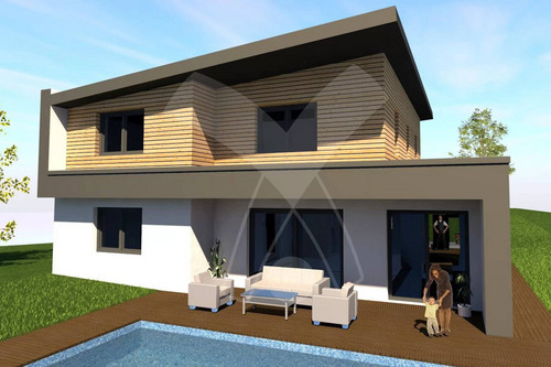 Einfamilienhaus in Ziegelbauweise mit moderner Holzverkleidung, Terrasse und Pool.